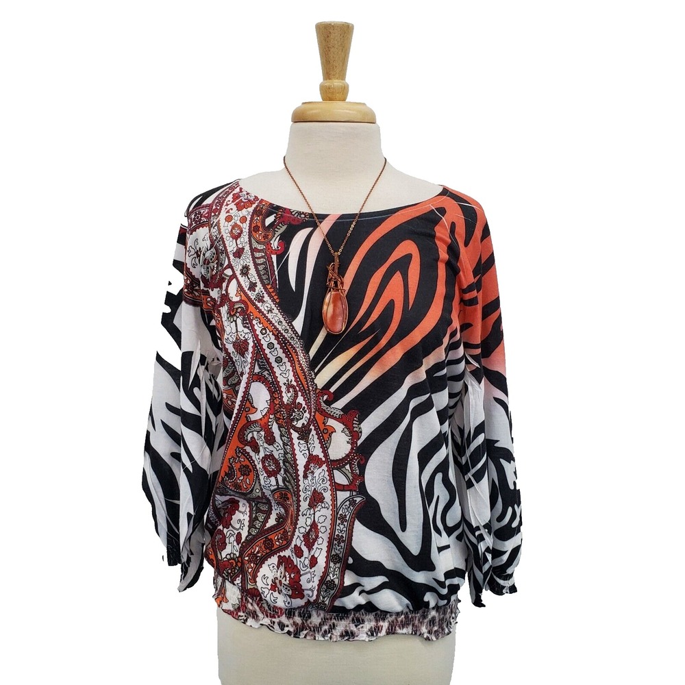 Womens L Orange Black Paisley Mixed Print Boho Long Sleeve Blouse Top
